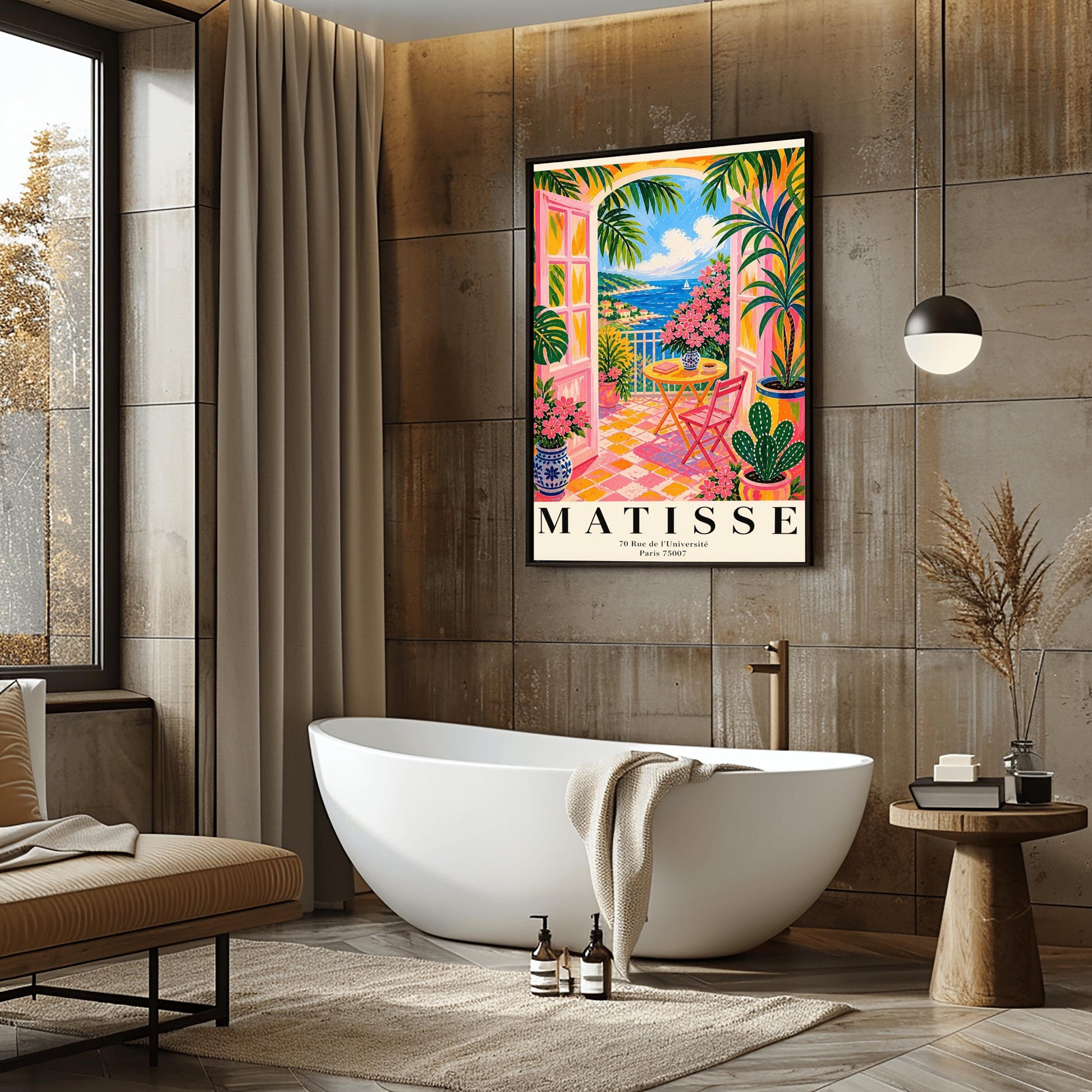 A vertical maximalist art print styled as a Henri Matisse exhibition poster. The scene features a vibrant balcony with pink-framed glass doors open to a view of the blue Mediterranean sea and a coastal town. The balcony has pink and yellow checkered tiles, a yellow round table with a pink chair, and is filled with tropical plants and pink flowers in blue and white vases. A sailboat is visible on the water under a bright blue sky with white clouds.