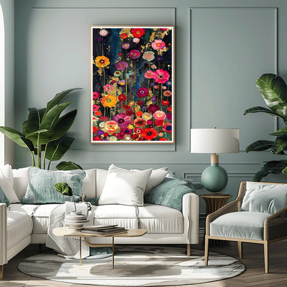 A vertical, highly detailed painting in the style of Gustav Klimt. A dense field of vibrant wildflowers in red, pink, orange, and purple grows against a dark indigo and black background. Shimmering gold-leaf patterns and "rain" effects are woven throughout the flowers. The style is rich in texture with a mosaic-like quality and heavy gold accents.