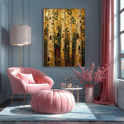 A vertical fine art print in the style of Gustav Klimt featuring a dense forest of birch trees. The thick, textured tree trunks are detailed in white, black, and gold. Slender branches with dark green leaves grow upward. The background is filled with a shimmering, mosaic-like texture of gold leaf patterns, dotted with decorative gold concentric circles, spirals, and dark red and teal shapes mimicking a forest floor.