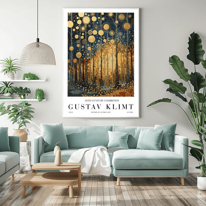 A vertical exhibition-style poster for a Gustav Klimt exhibit. The artwork features tall, slender trees with black bark covered in intricate gold scrolls and geometric patterns. Large, textured golden orbs float in the upper canopy. A warm, glowing light radiates from the center of the forest. The bottom margin features bold text reading "GUSTAV KLIMT" and "20TH CENTURY EXHIBITION."