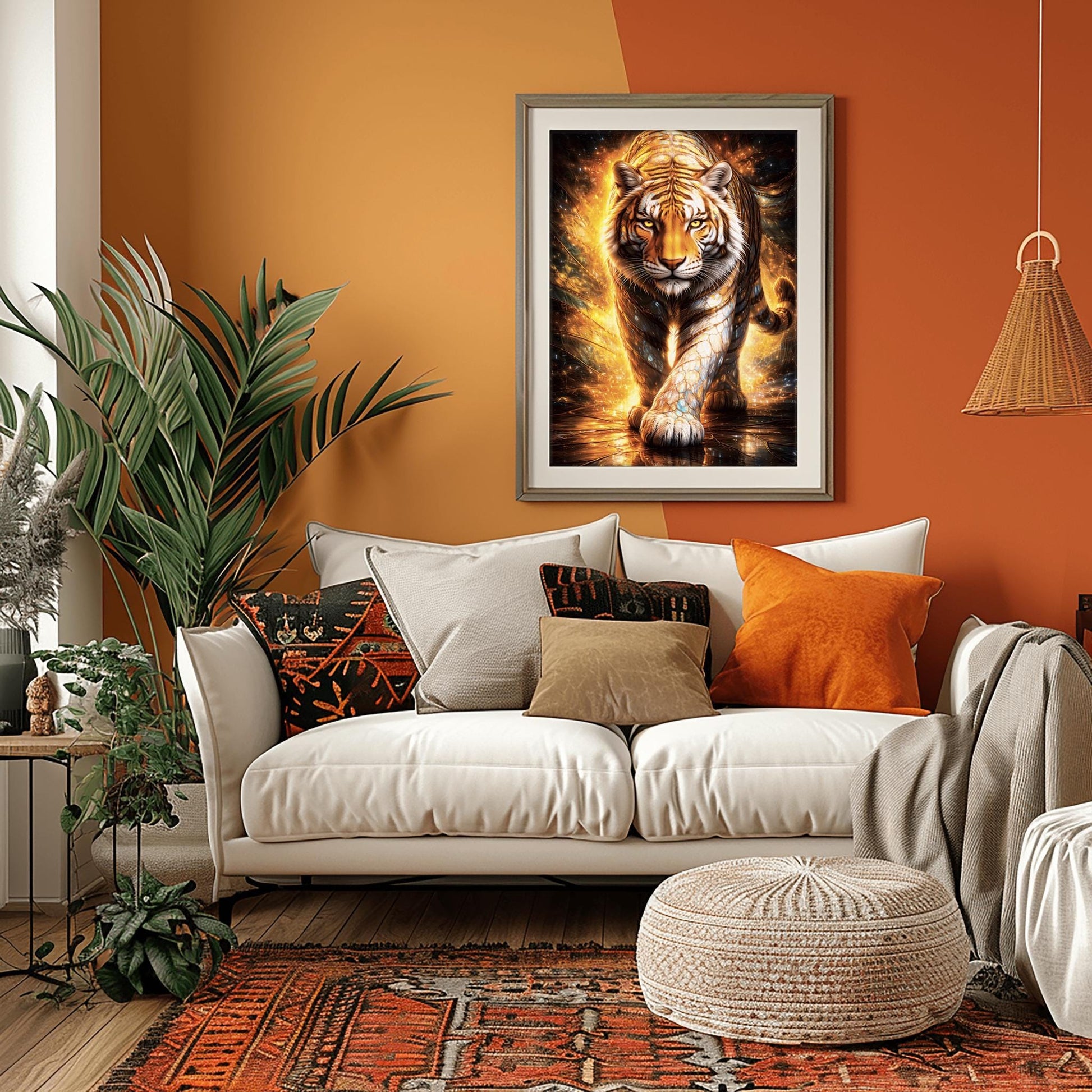 A vertical full-bleed illustration of a tiger in the style of Gustav Klimt. The tiger is prowling forward toward the viewer, its body covered in golden mosaic patterns and glowing orange light. The background is a swirl of amber sparks and gold-leaf textures.