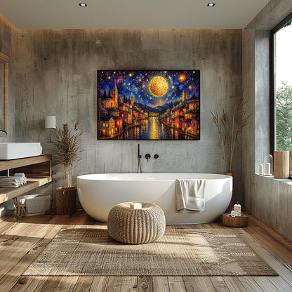 A horizontal art print in a decorative mosaic style inspired by Gustav Klimt. A coastal town with warm-lit houses and tall church towers lines both sides of a dark blue canal. A massive, glowing golden moon hangs in a deep indigo sky filled with swirling stars and shimmering golden circles. The lights of the town and the moon reflect brilliantly on the rippling water. The entire scene is composed of intricate, sparkling patterns and vibrant jewel-toned colors.