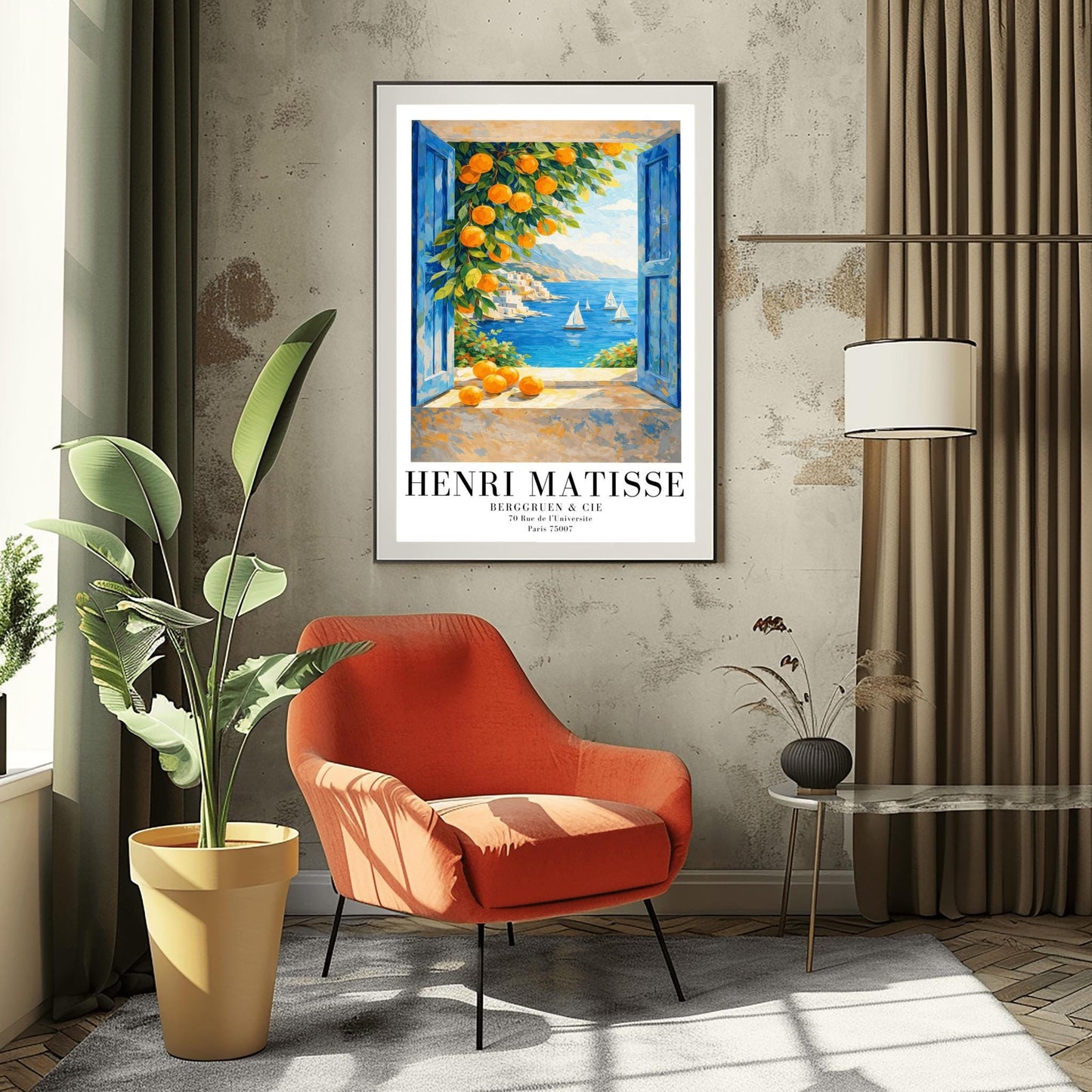 A vertical painterly illustration of a view through an open window with blue shutters. A branch with many bright oranges hangs in the top left. Outside, white sailboats float on a deep blue sea next to a white hillside village and mountains.