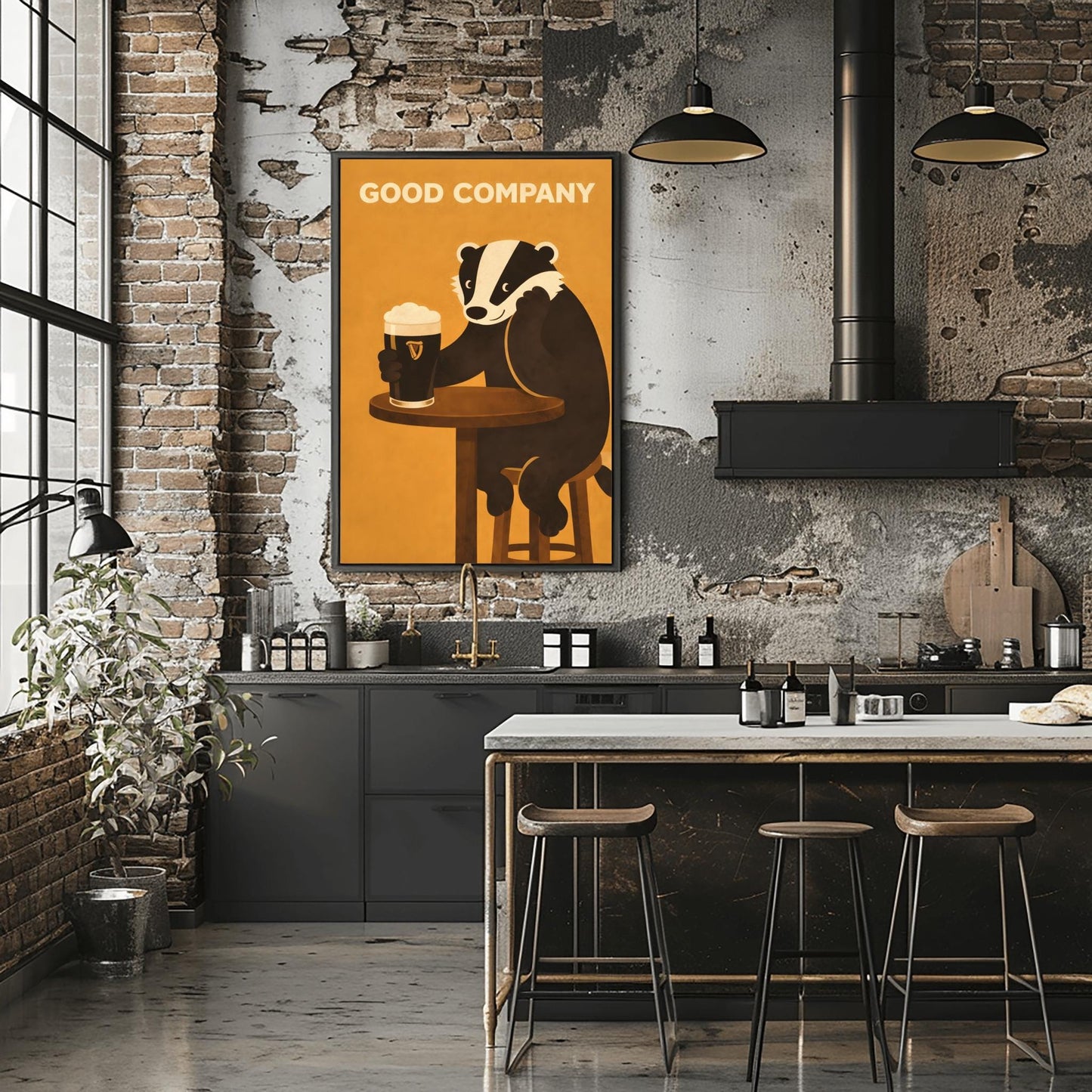 A vertical modern illustration of a cute black and white badger sitting at a round wooden bar table. The badger is leaning on one arm and holding a pint of Guinness with the other. The text "GOOD COMPANY" is written in bold at the top against a warm amber background.