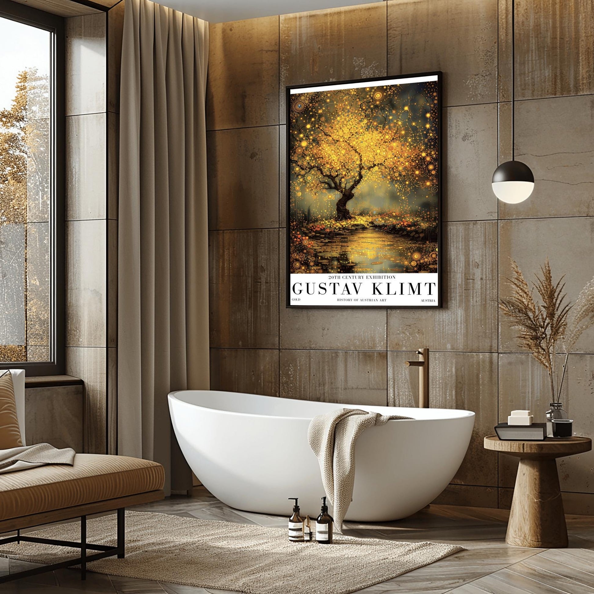 A vertical museum exhibition poster in the style of Gustav Klimt. A large tree with a dense, glowing golden canopy stands beside a river. The water surface is covered in golden mosaic patterns and reflections. The ground is filled with small orange flowers. Bold black text at the bottom reads "GUSTAV KLIMT" and "HISTORY OF AUSTRIAN ART."