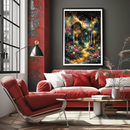 A vertical, highly detailed painting in the style of Gustav Klimt. Slender, glowing gold trees rise from a vibrant meadow of colorful wildflowers in pink, purple, and white. A sparkling, bright golden path leads through the center of the dark, atmospheric forest. The air is filled with glowing golden dots and fireflies, creating a magical, textured mosaic effect.