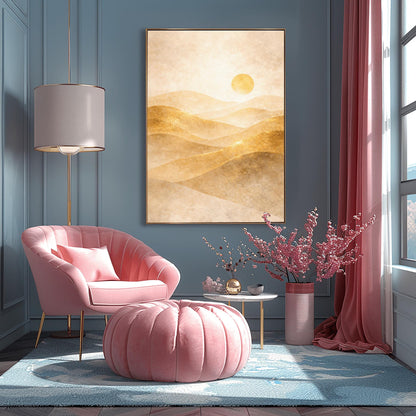 A vertical minimalist landscape in Art Nouveau style. Rolling desert dunes in shades of beige and tan are highlighted with shimmering golden dust on their ridges. A circular golden sun hangs in a hazy, textured cream sky.