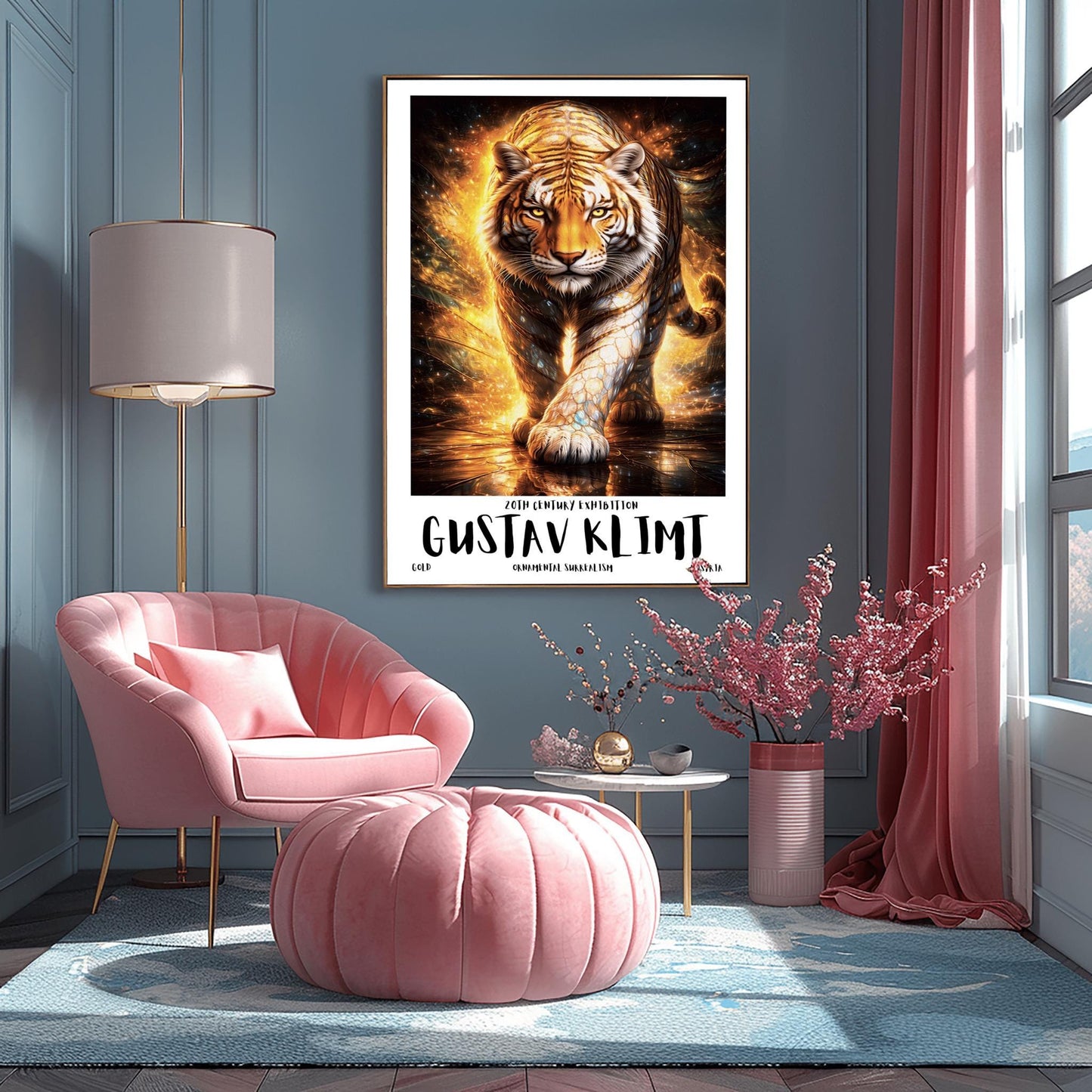A vertical full-bleed illustration of a tiger in the style of Gustav Klimt. The tiger is prowling forward toward the viewer, its body covered in golden mosaic patterns and glowing orange light. The background is a swirl of amber sparks and gold-leaf textures.