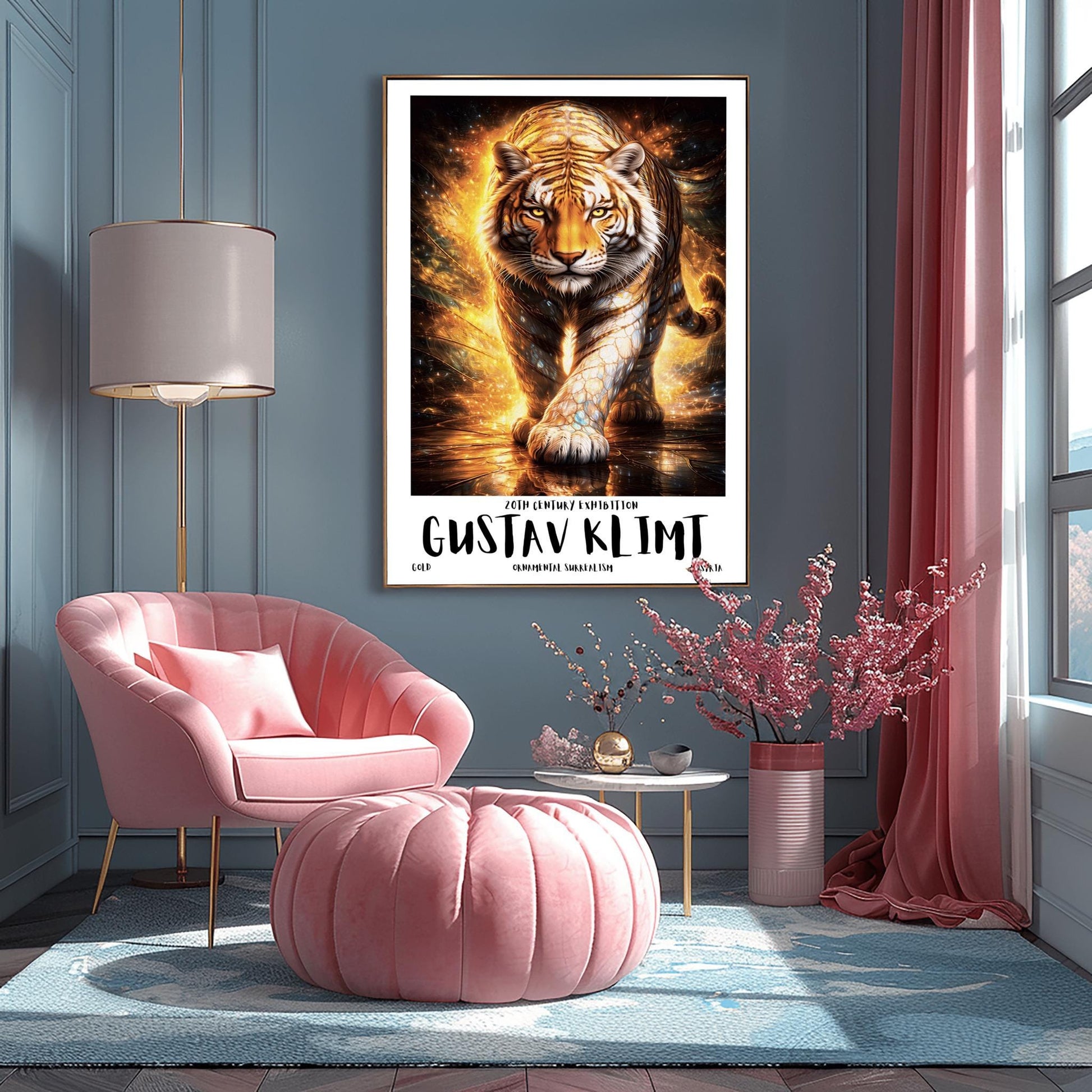 A vertical full-bleed illustration of a tiger in the style of Gustav Klimt. The tiger is prowling forward toward the viewer, its body covered in golden mosaic patterns and glowing orange light. The background is a swirl of amber sparks and gold-leaf textures.