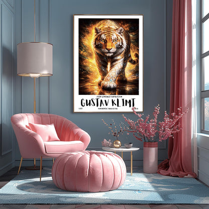 A vertical full-bleed illustration of a tiger in the style of Gustav Klimt. The tiger is prowling forward toward the viewer, its body covered in golden mosaic patterns and glowing orange light. The background is a swirl of amber sparks and gold-leaf textures.