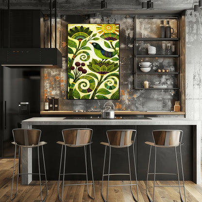 A vertical folk-style art print. A green-headed bird with a blue and purple striped wing sits on a large, stylized green flower. Swirling vines and leaves in various shades of green fill the bottom half of the frame, accompanied by a cluster of dark purple berries. In the top right corner, a bright yellow sun with concentric circles and rectangular rays shines down. The background is a textured off-white with fine, rhythmic brushstrokes throughout the composition.