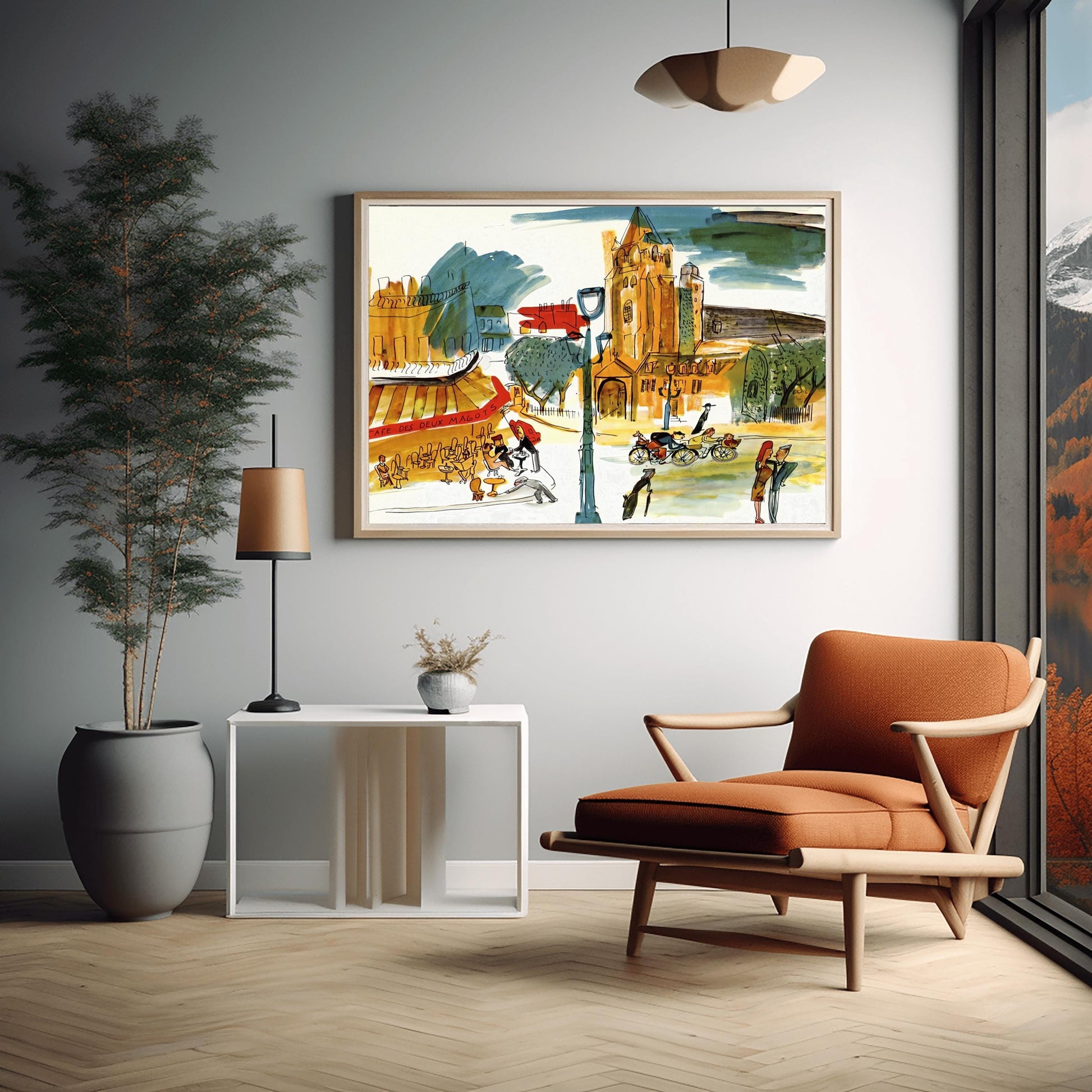 A horizontal whimsical watercolor illustration of a busy Paris street corner. To the left, patrons sit at small tables under a red and yellow striped awning labeled "CAFE DES DEUX MAGOTS." In the center, a large, warm-toned stone church with a tall tower rises against a sky with dark blue and green clouds. Various figures populate the street, including people on bicycles, a waiter, and pedestrians. The artwork uses loose black outlines and vibrant, sketchy color washes in orange,yellow,and green
