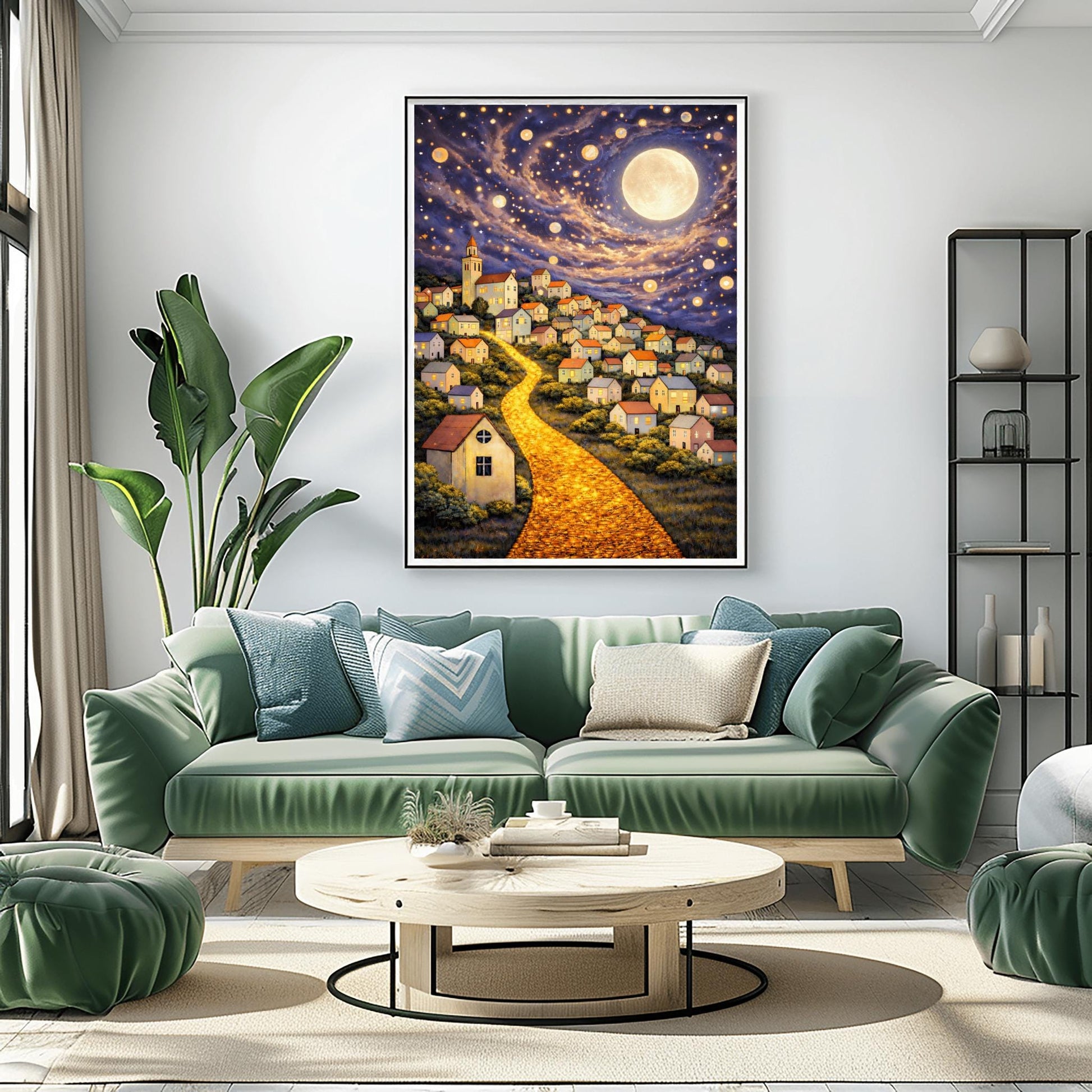 A vertical fine art print in the style of Gustav Klimt. A glowing road made of golden cobblestones winds up a steep hillside filled with small, charming houses. A massive, luminous full moon hangs in a purple and blue sky filled with stars and golden floating orbs.