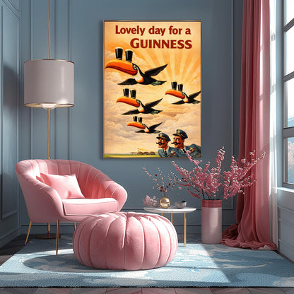 A vertical vintage-style advertising poster for Guinness. Four toucans fly through a sepia-toned sky with sunbeams, each balancing two pints of beer on its beak. Two surprised pilots in blue uniforms look up from the bottom right. Red text at the top reads "Lovely day for a GUINNESS."