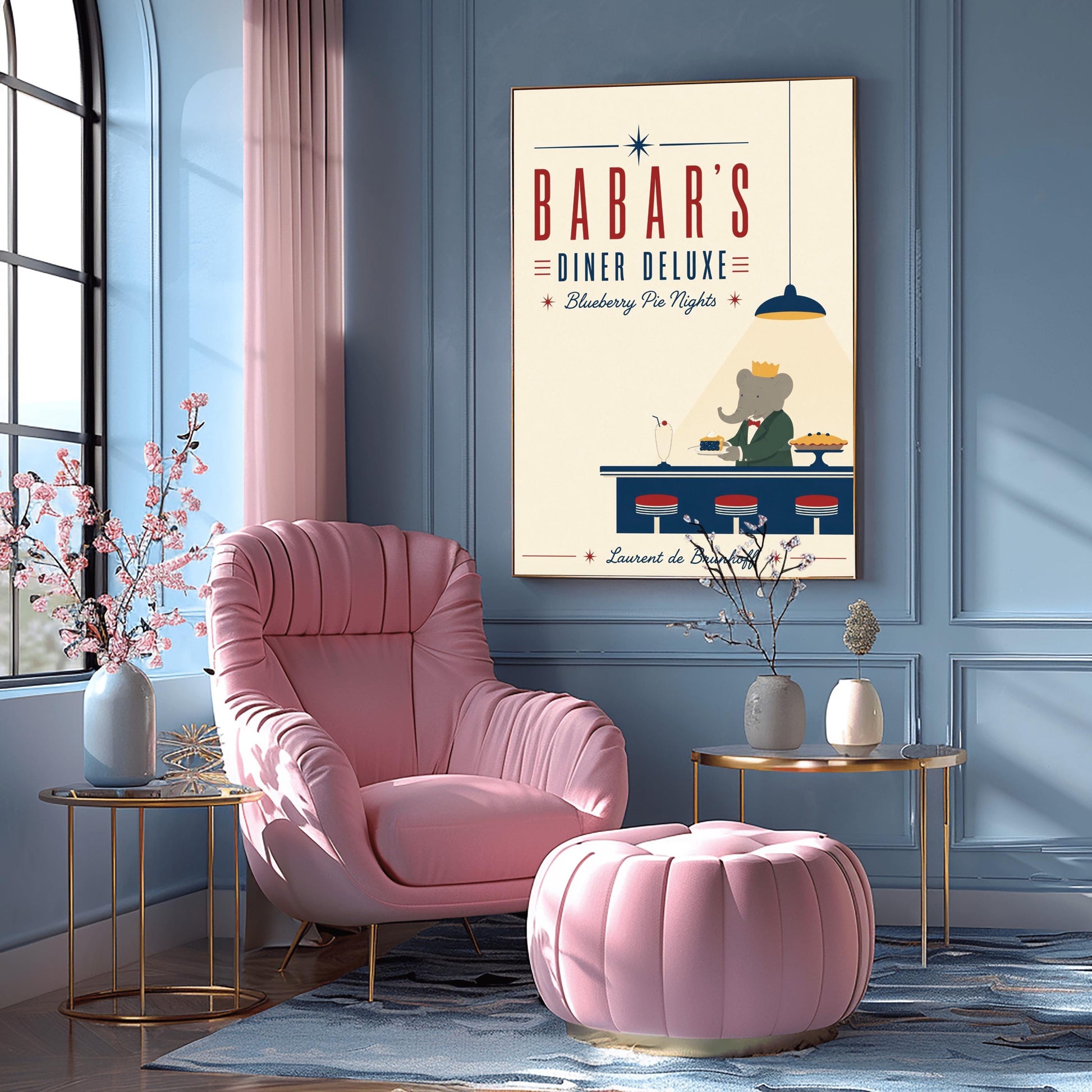 A minimalist graphic vintage-style poster on a solid cream background titled "BABAR'S DINER DELUXE - Blueberry Pie Nights" in bold red and blue typography. At the bottom right, the cartoon elephant King Babar wears a green suit and gold crown behind a dark blue counter. A single blue hanging lamp projects a sharp triangle of yellow light over him as he holds a plate with a slice of blueberry pie. On the counter sit three red-topped stools, a vintage milkshake, and a whole pie on a stand.