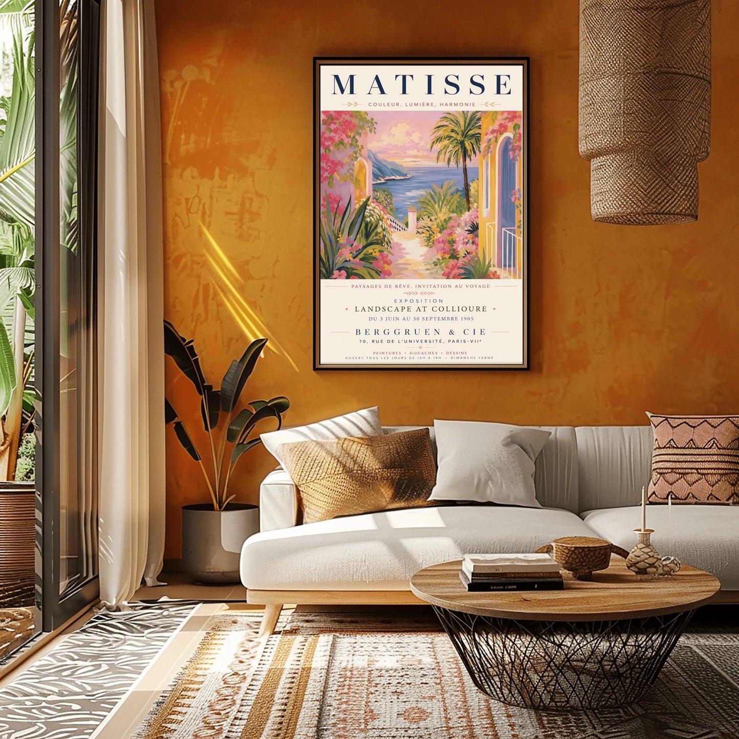 A French exhibition poster titled "MATISSE" at the top, featuring a pastel-toned painting of a Mediterranean coastal scene. A pathway lined with pink flowers, green agave plants, and yellow villas leads toward a blue sea and distant hills under a pink and gold sunset sky. A tall palm tree stands on the right. Elegant typography below the artwork text reads "Exposition Landscape at Collioure, Berggruen & Cie, Paris."