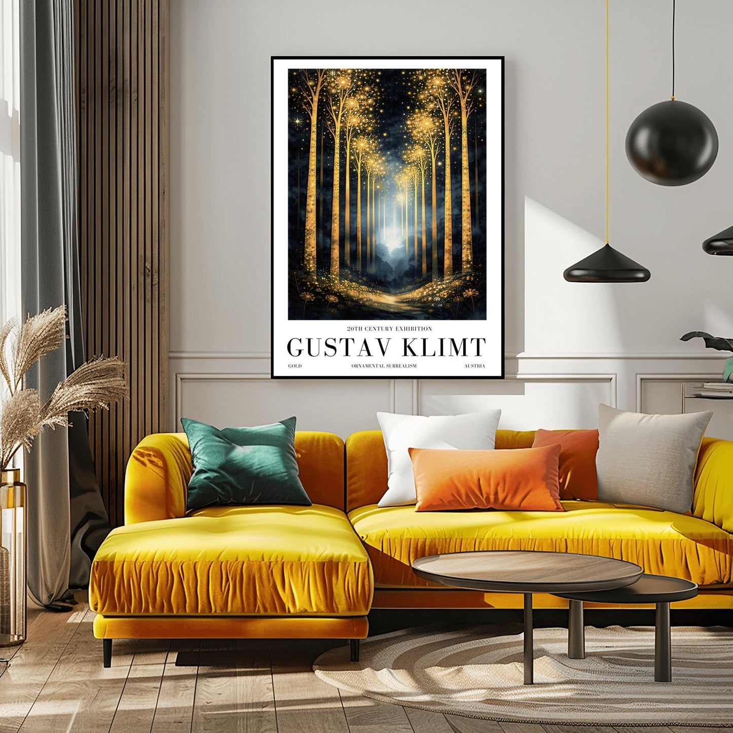 A vertical full-bleed illustration of a birch forest at night in the style of Gustav Klimt. The slender trunks are covered in golden patterns, and the tops of the trees explode into golden sparks and stars. A glowing golden path leads into a misty blue distance.