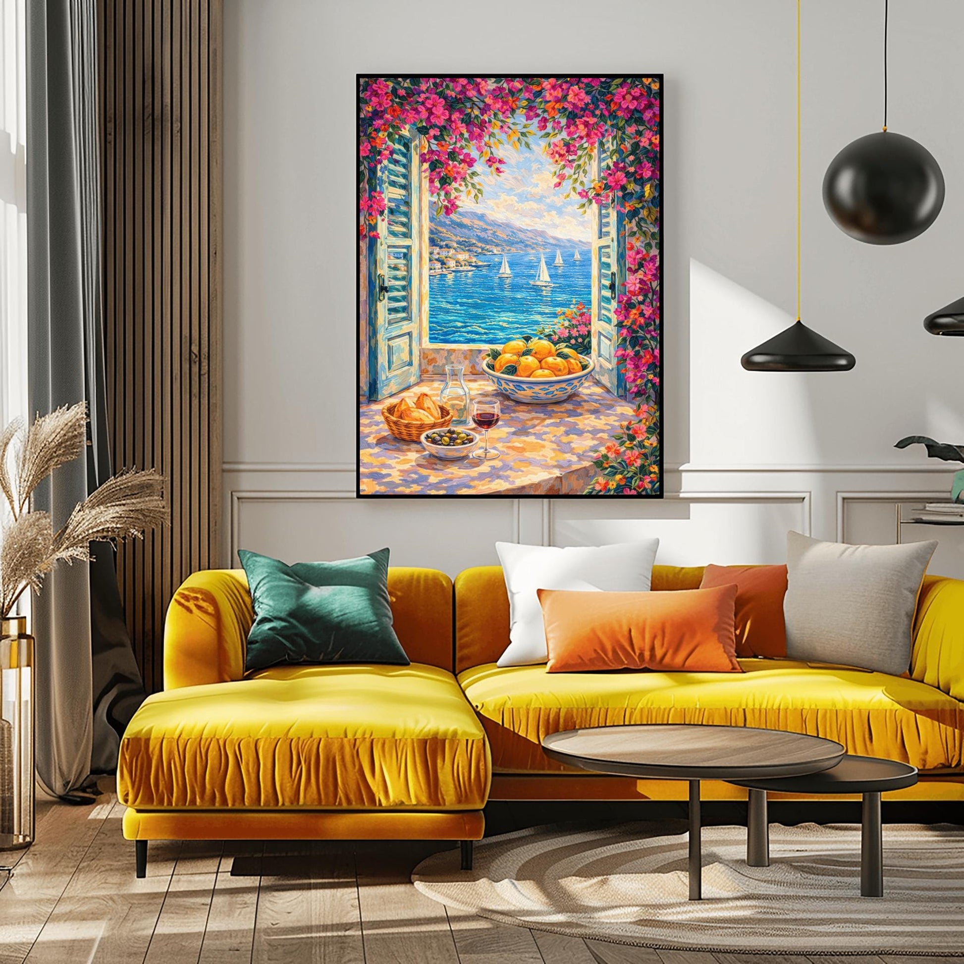 A vertical painterly illustration looking through open blue shutters at a blue sea with sailboats. Pink bougainvillea flowers frame the top and side. On the windowsill sits a glass of red wine, olives, bread, and a large bowl of oranges.