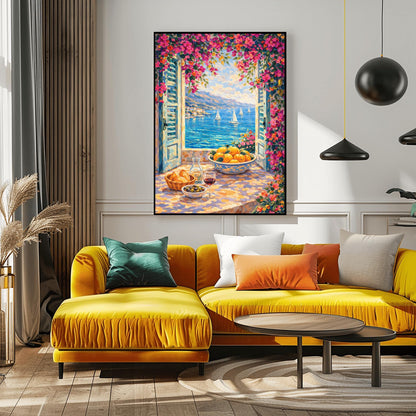 A vertical painterly illustration looking through open blue shutters at a blue sea with sailboats. Pink bougainvillea flowers frame the top and side. On the windowsill sits a glass of red wine, olives, bread, and a large bowl of oranges.