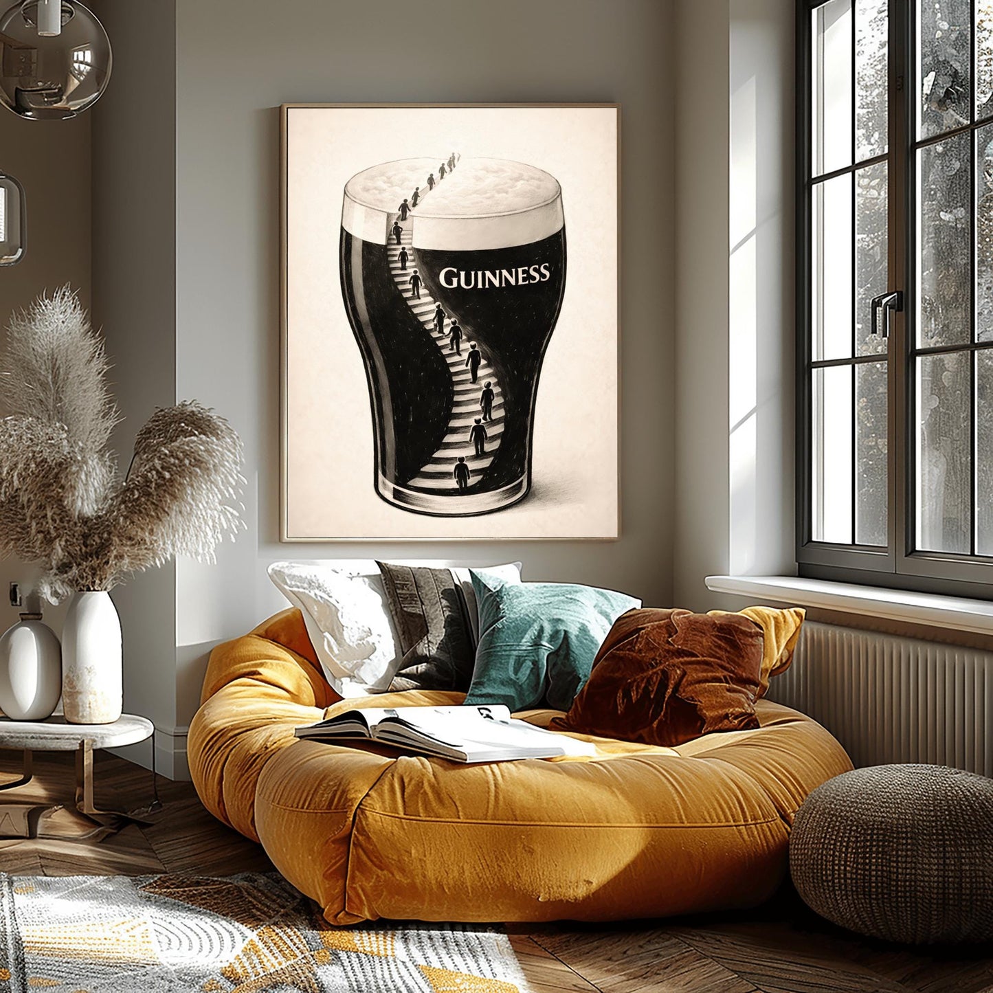 A vertical charcoal-style illustration of a pint of Guinness. A winding staircase is carved into the dark body of the stout, with several small human silhouettes climbing the stairs toward the white foam at the top. The background is a clean, off-white textured paper.