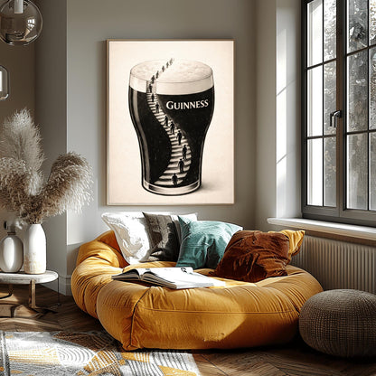 A vertical charcoal-style illustration of a pint of Guinness. A winding staircase is carved into the dark body of the stout, with several small human silhouettes climbing the stairs toward the white foam at the top. The background is a clean, off-white textured paper.