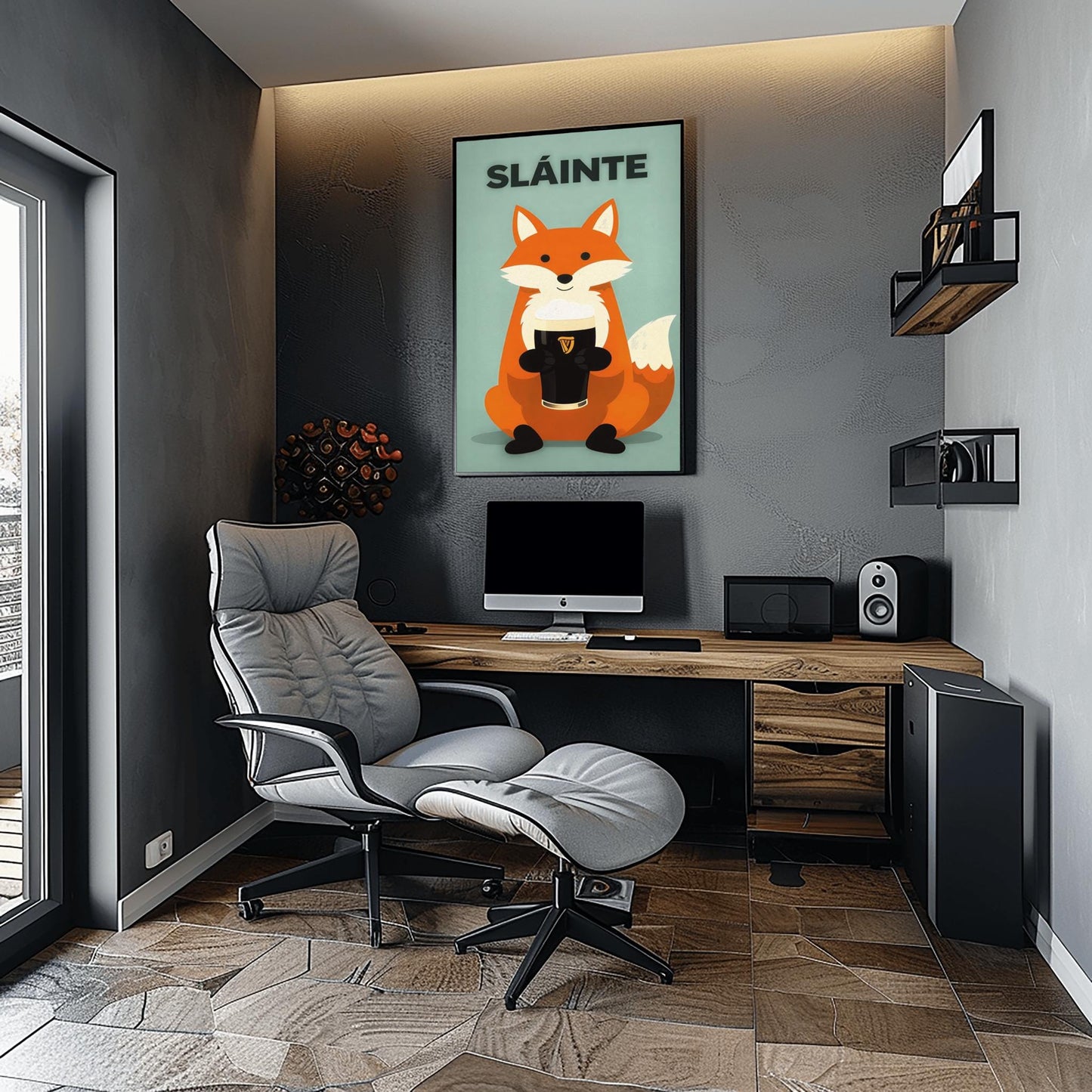 A vertical modern illustration of a cute orange fox sitting and holding a pint of Guinness with both paws. The word "SLÁINTE" is written in bold gray letters at the top. The background is a soft, textured mint green.