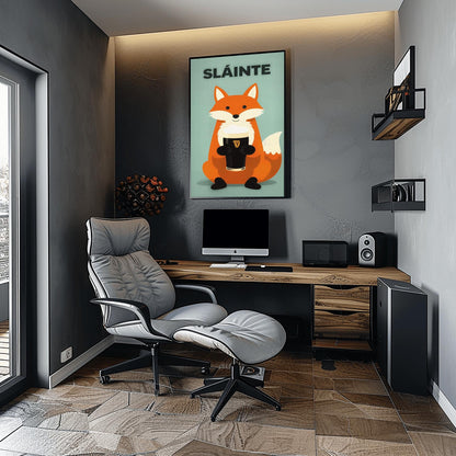 A vertical modern illustration of a cute orange fox sitting and holding a pint of Guinness with both paws. The word "SLÁINTE" is written in bold gray letters at the top. The background is a soft, textured mint green.
