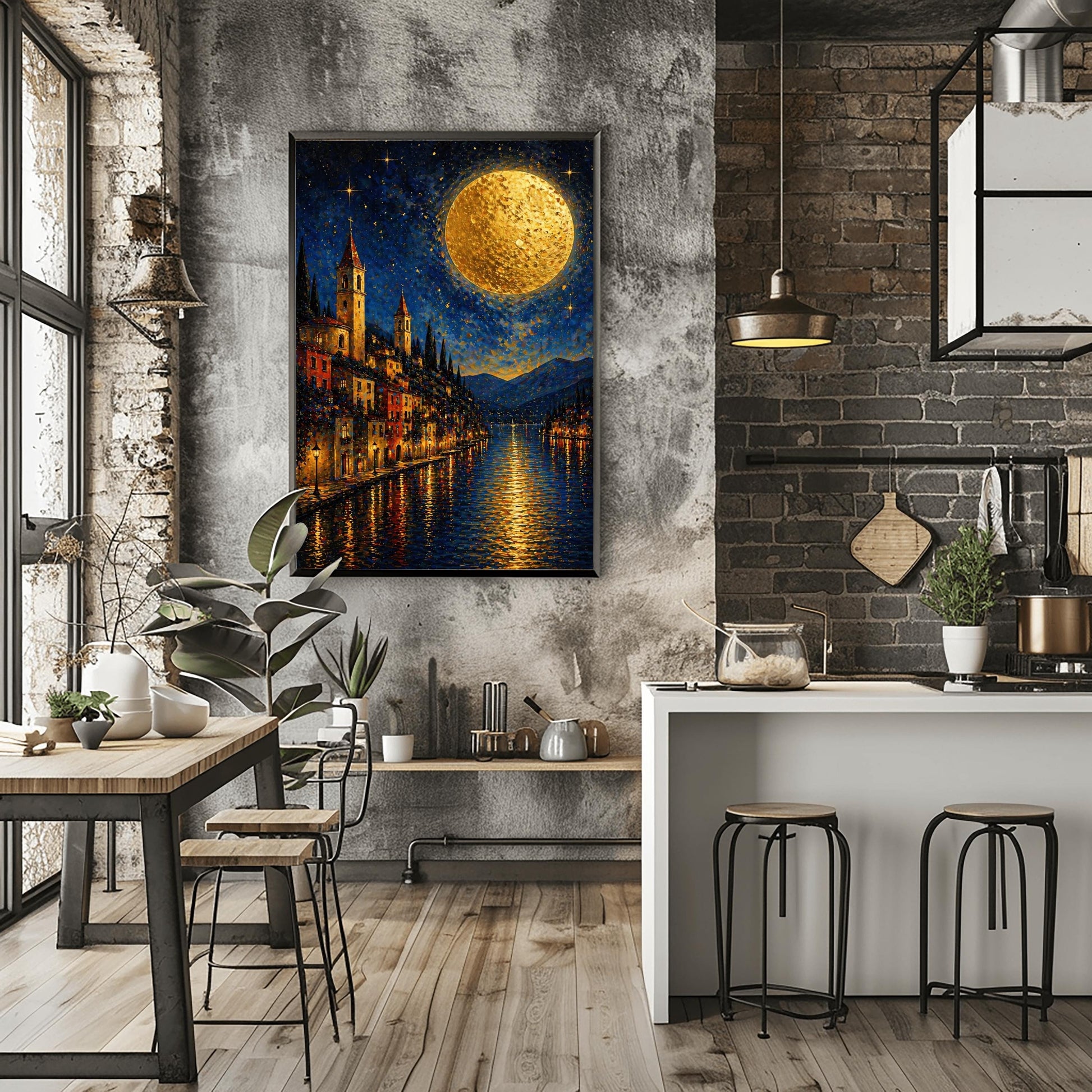 A vertical art print in a decorative mosaic style inspired by Gustav Klimt. A steep lakeside village with warm-lit windows and tall, pointed church spires rises from the edge of dark blue water. A massive, textured golden moon dominates the upper right of a starry night sky. The lights of the town and the moon reflect in long, vertical golden lines on the rippled water surface. Dark blue mountains are visible in the background.