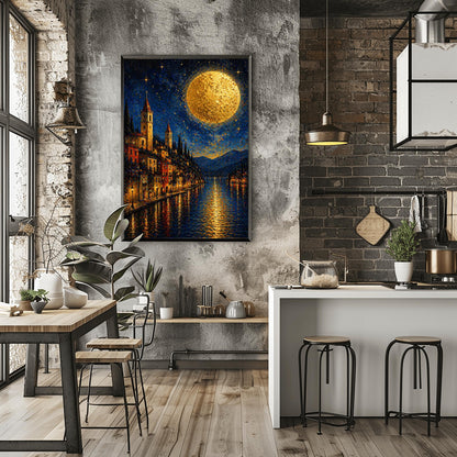 A vertical art print in a decorative mosaic style inspired by Gustav Klimt. A steep lakeside village with warm-lit windows and tall, pointed church spires rises from the edge of dark blue water. A massive, textured golden moon dominates the upper right of a starry night sky. The lights of the town and the moon reflect in long, vertical golden lines on the rippled water surface. Dark blue mountains are visible in the background.