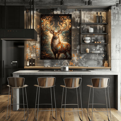 A vertical full-bleed illustration of a stag in the style of Gustav Klimt. The stag has massive, swirling golden antlers decorated with glowing gems. Its body is a mosaic of gold and turquoise. It stands in a misty, dark forest filled with golden sparks and floating embers.