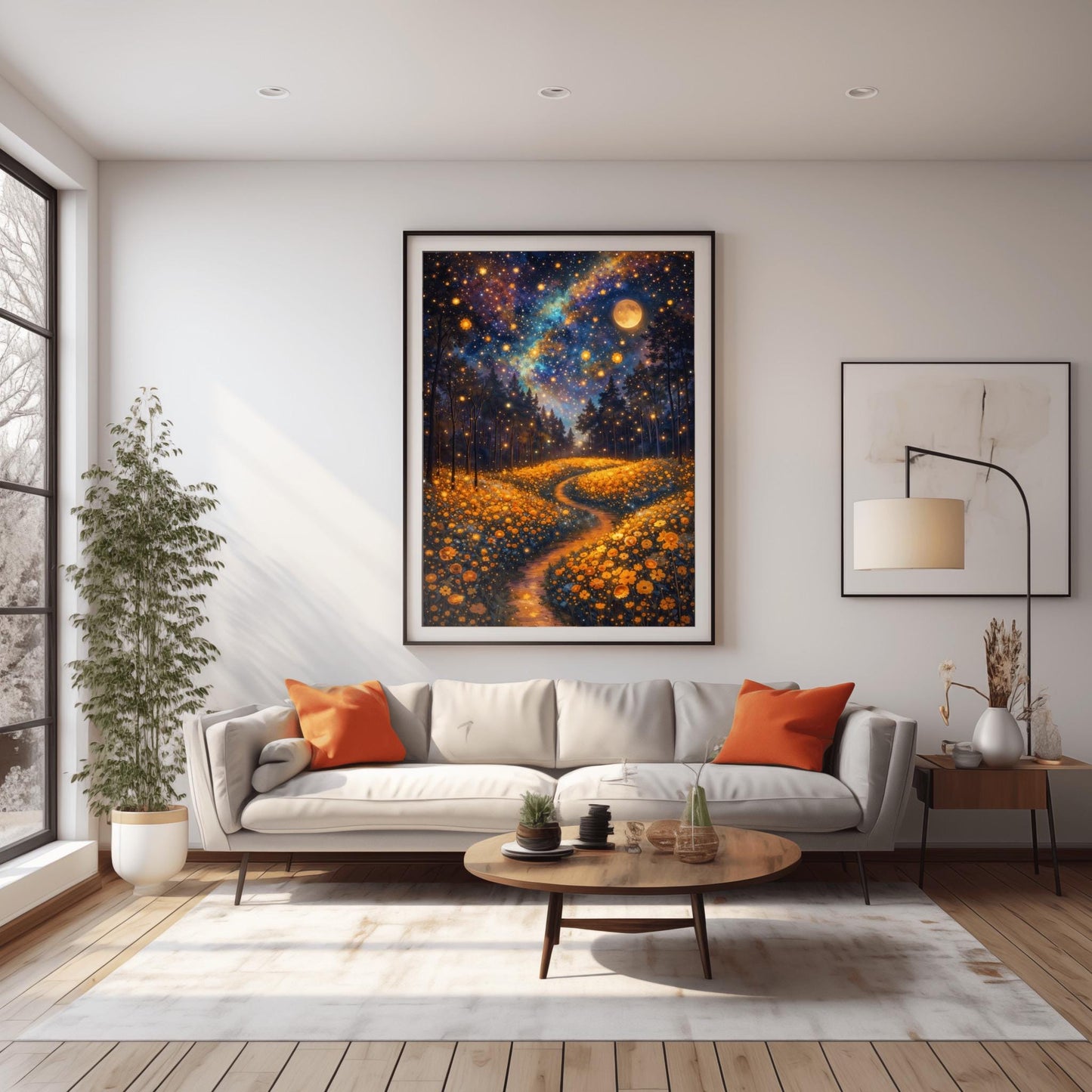 A vertical fine art print in the style of Gustav Klimt. A glowing path winds through a dense field of amber-colored wildflowers. Dark silhouettes of trees stand in the middle ground. The night sky is a deep indigo nebula filled with golden stars and a large, glowing full moon.