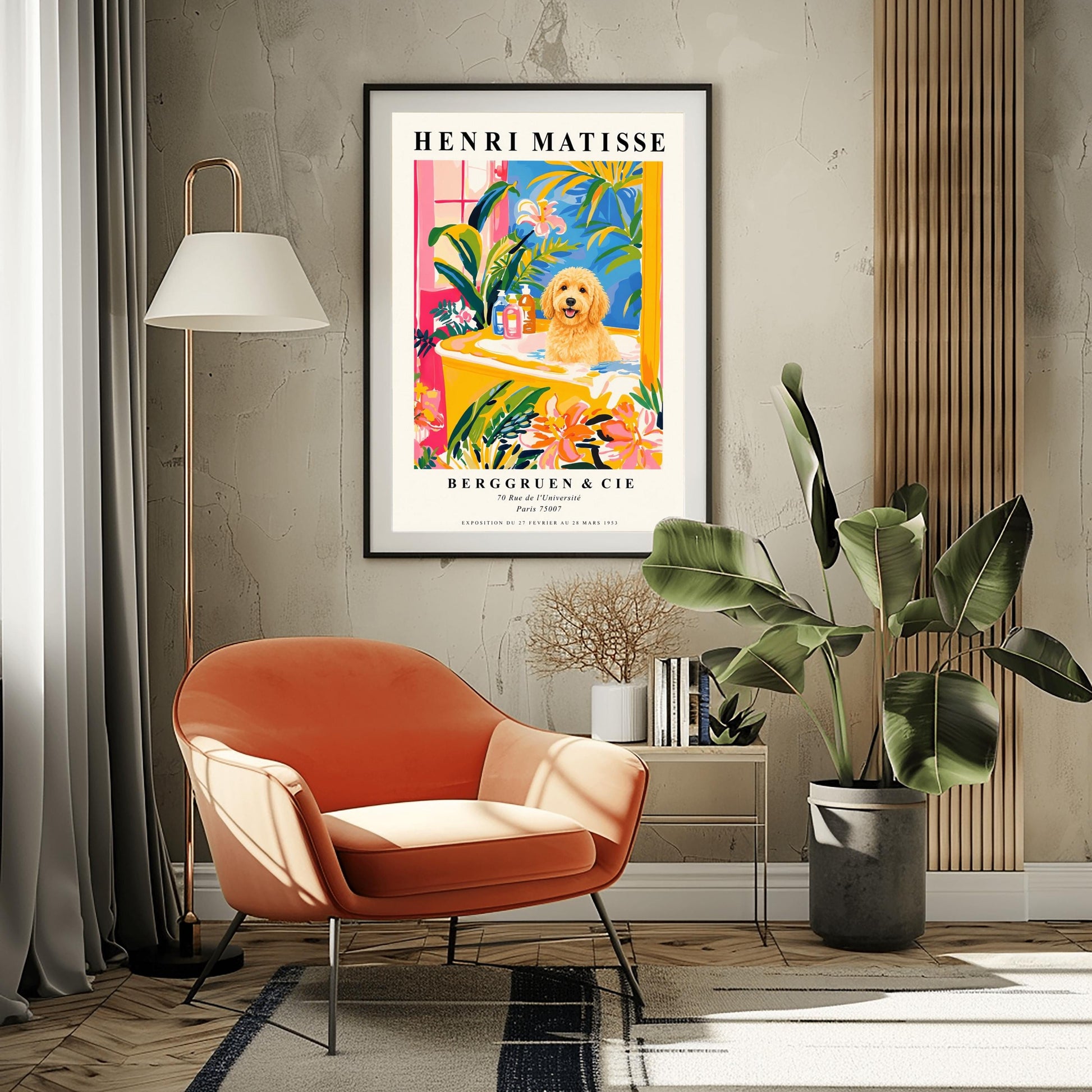 A vertical minimalist fine art exhibition poster in the style of Henri Matisse, shown framed on a wall above a luxury white bathtub. The poster has a wide white border with bold black text reading "HENRI MATISSE" and "BERGGRUEN & CIE". In the center painting, a fluffy golden doodle dog sits happily inside a yellow bathtub surrounded by vibrant pink, blue, and green tropical plants and orange flowers.