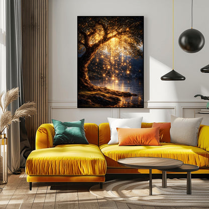 A vertical full-bleed illustration of a weeping willow tree at night in the style of Gustav Klimt. The branches hang down like strings of golden lights over a dark lake. The water reflects the golden glow, and the tree stands on a mossy bank against a dark forest background.