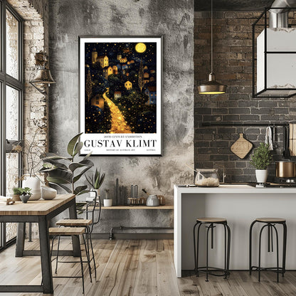 A vertical fine art landscape in the style of Gustav Klimt. A brilliant, glowing golden path winds up a dark hillside toward a village with lit windows. The deep blue night sky is filled with many stars and a large, textured golden moon. The trees are decorated with small, shimmering golden dots.