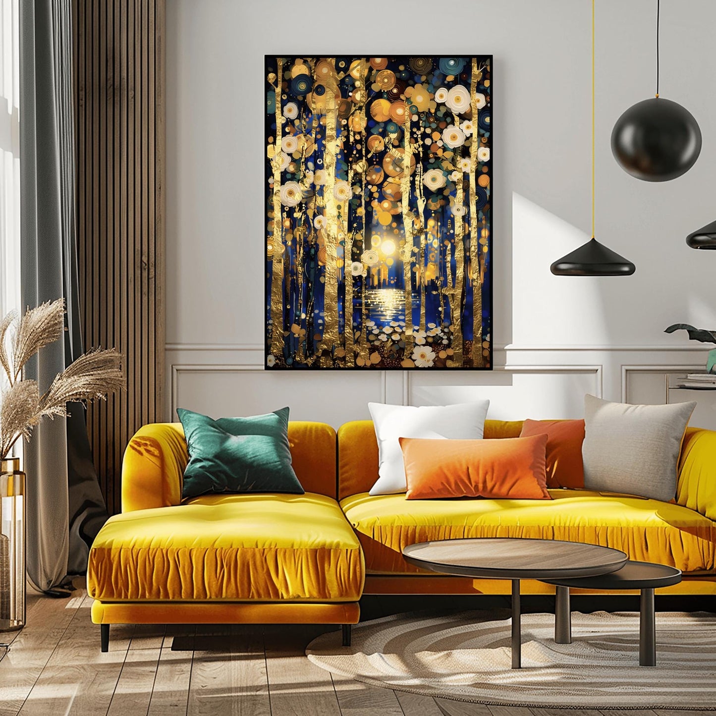 A vertical fine art print in the style of Gustav Klimt. Slender, textured gold leaf tree trunks stand against a dark midnight blue background. The sky and ground are filled with glowing white and gold circular flower patterns. In the center, a distant moon reflects in a small pool of water.