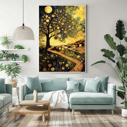 A vertical fine art painting in the style of Gustav Klimt. A large tree on the left is covered in golden concentric circles and spirals. A golden, mosaic-textured path winds through dark hills toward a village with lit windows under a full moon. The sky is dark blue with swirling golden stardust patterns. The foreground is decorated with stylized golden flowers.