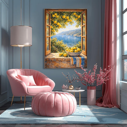 A vertical painterly illustration of an open wooden window looking out at a blue sea with sailboats. On the stone windowsill, a bowl of yellow lemons sits on a striped blue-and-yellow cloth. Lemon tree branches with fruit frame the view from above.