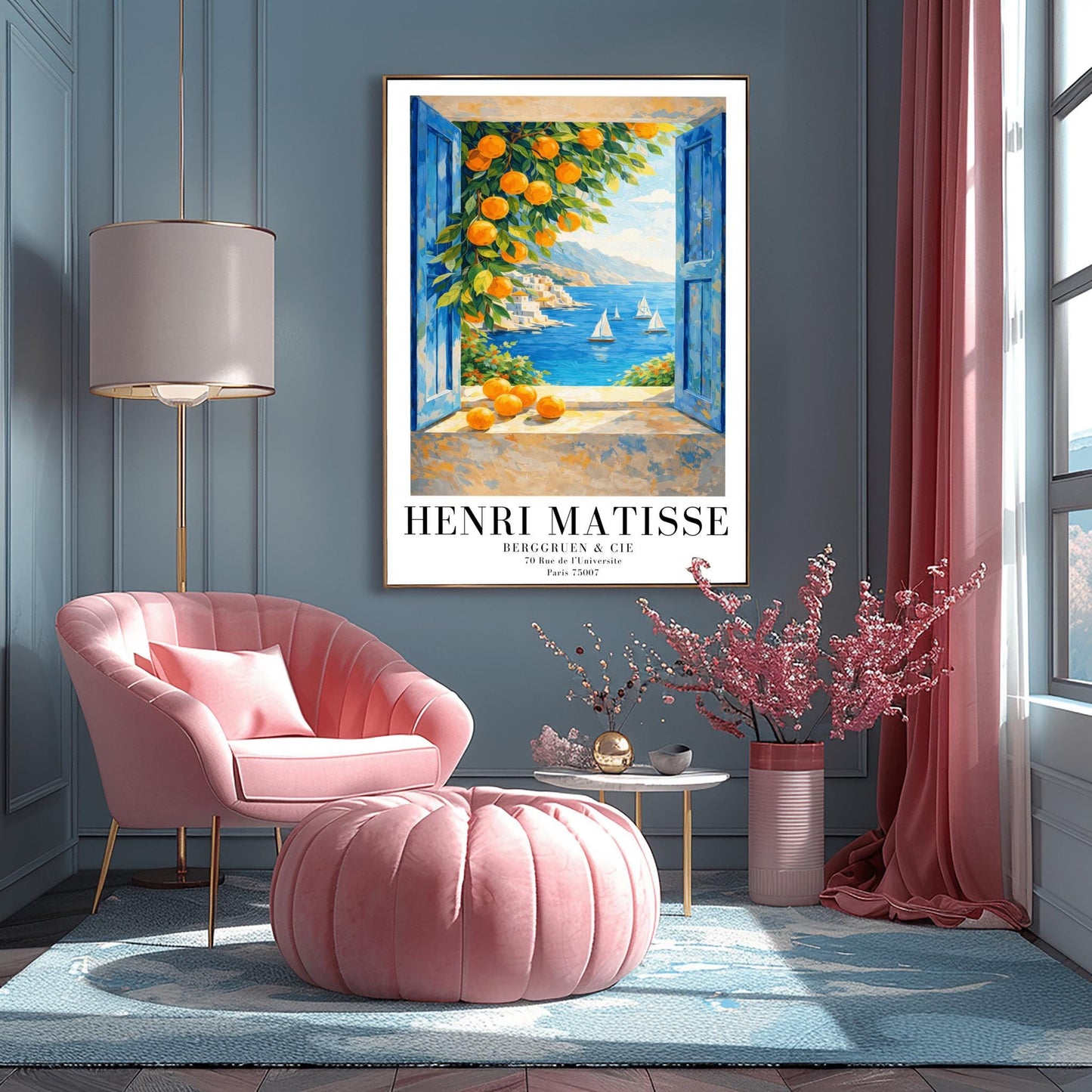 A vertical painterly illustration of a view through an open window with blue shutters. A branch with many bright oranges hangs in the top left. Outside, white sailboats float on a deep blue sea next to a white hillside village and mountains.