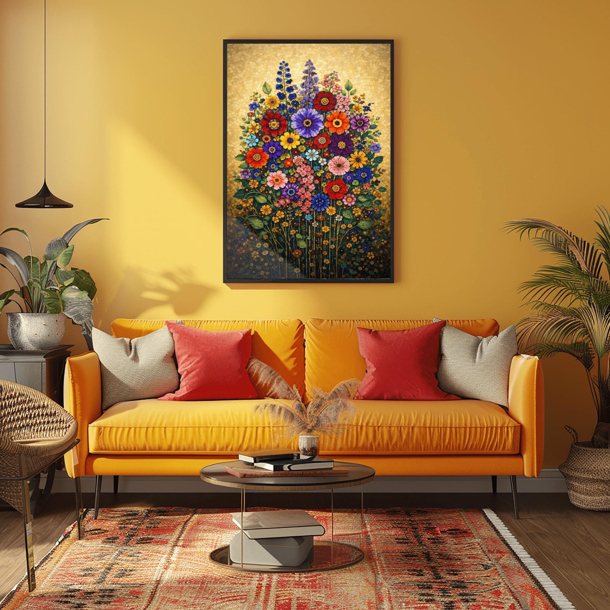 A vertical art print in the style of Gustav Klimt featuring a dense bouquet of colorful wildflowers. The flowers, including red, purple, and orange zinnias and tall blue delphiniums, are rendered as intricate mosaics with geometric patterns. The entire arrangement is set against a shimmering, gold-tiled background that glows with metallic light. The style is highly decorative, maximalist, and vibrant.