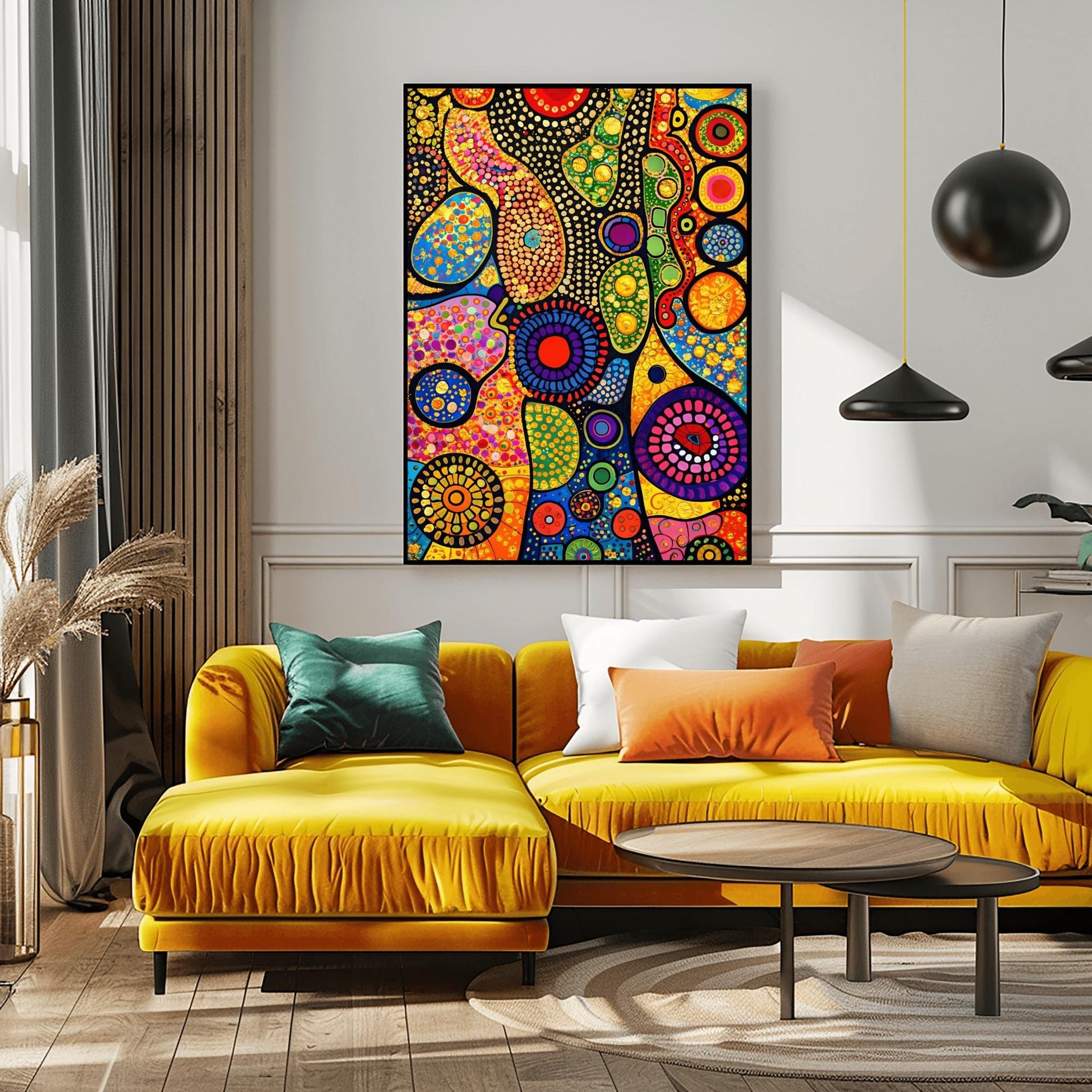 A vertical fine art print in the style of Gustav Klimt. An abstract composition of organic, flowing shapes filled with colorful dots, circles, and geometric patterns in red, blue, green, and orange. Shimmering gold leaf textures and "pebbled" patterns are interspersed throughout, set against a dark, structured background.