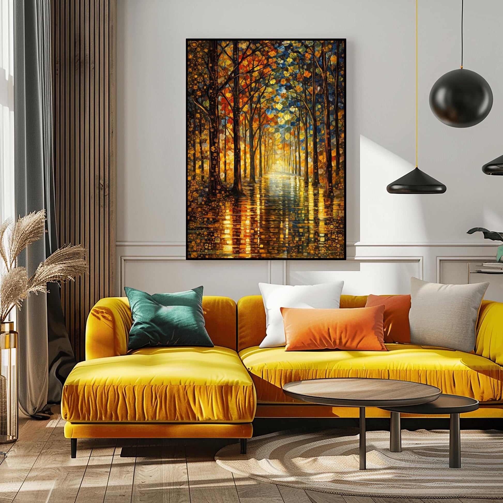 A vertical, highly detailed oil painting in the style of Gustav Klimt. A forest path lined with tall, slender trees is illuminated by a warm, golden light at the end of the corridor. The leaves are a mosaic of gold, orange, and red circles and geometric shapes. The path in the foreground is wet and reflects the brilliant colors of the trees in a shimmering, textured pattern.