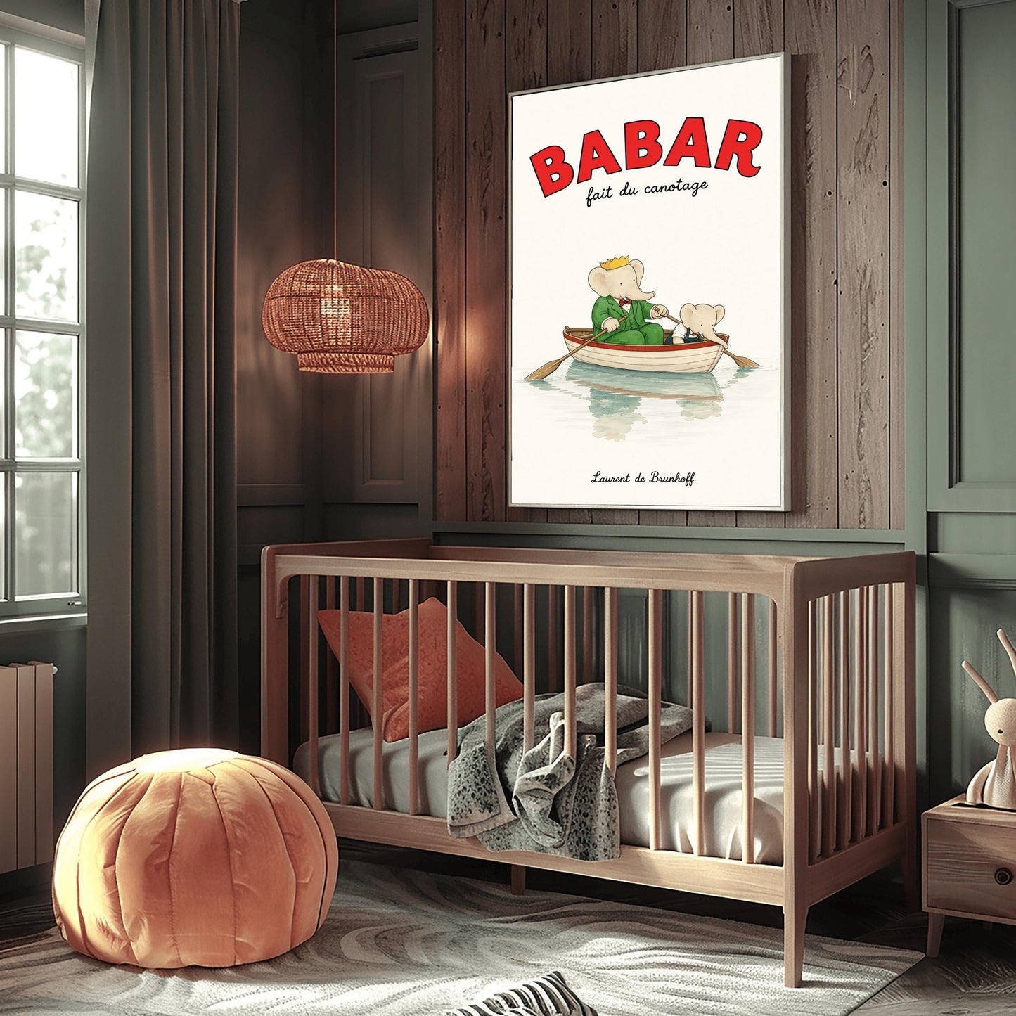 A vertical retro fine art exhibition poster titled "BABAR fait du canotage" on a wide cream border. The top "BABAR" text is printed in a bold red font. The illustration shows an elephant wearing a crown and green suit sitting in a white wooden rowboat with a red rim, holding two oars. A smaller elephant leans over the front of the boat looking at its reflection in the calm water. The name "Laurent de Brunhoff" anchors the bottom.