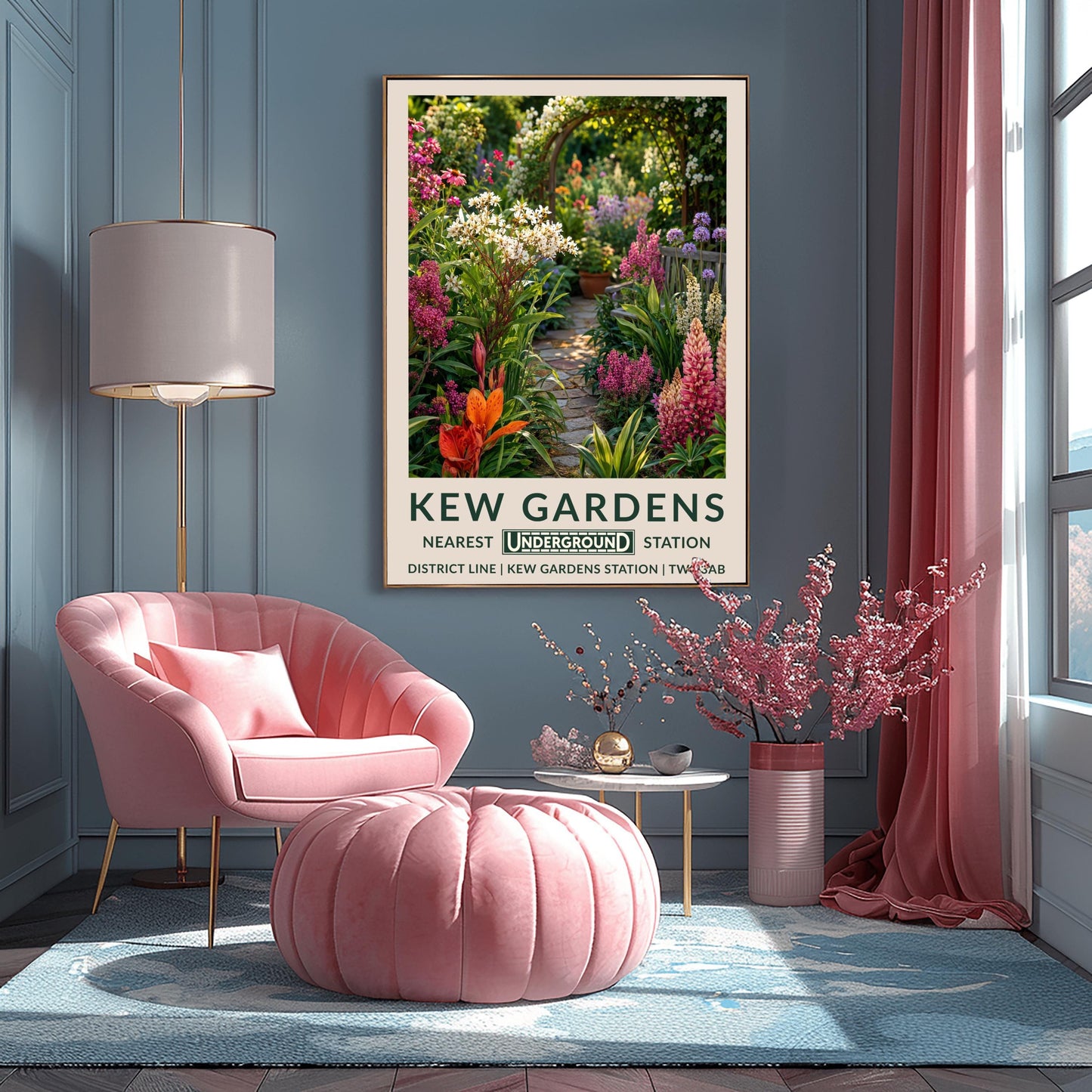 A vertical retro London Underground travel poster for Kew Gardens on a wide cream border. The top image shows a close-up, beautifully detailed illustration of a winding cobblestone garden pathway surrounded by dense flower borders. The foreground features tall pink lupins, a bright orange lily, and clusters of small white flowers. On the right sits a grey wooden bench under purple alliums. The path leads to a wooden archway covered in climbing white roses in the background.