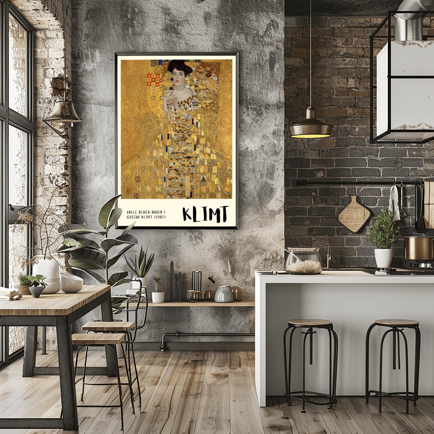 A vertical museum exhibition poster of Gustav Klimt's 1907 "Portrait of Adele Bloch-Bauer I." A woman is shown encased in a lavish gold dress with eye and triangle patterns against a shimmering gold mosaic background. The bottom border is cream with bold black text reading "ADELE BLOCH-BAUER I" and "KLIMT."
