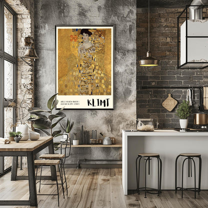 A vertical museum exhibition poster of Gustav Klimt's 1907 "Portrait of Adele Bloch-Bauer I." A woman is shown encased in a lavish gold dress with eye and triangle patterns against a shimmering gold mosaic background. The bottom border is cream with bold black text reading "ADELE BLOCH-BAUER I" and "KLIMT."