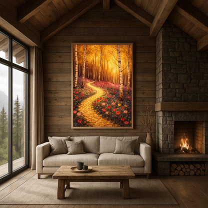 A vertical fine art landscape in the style of Gustav Klimt. Slender birch trees with white and black bark stand in a forest with glowing golden leaves. A winding path made of golden mosaic circles leads through a meadow of red and pink poppies toward a sun-drenched, ethereal background.