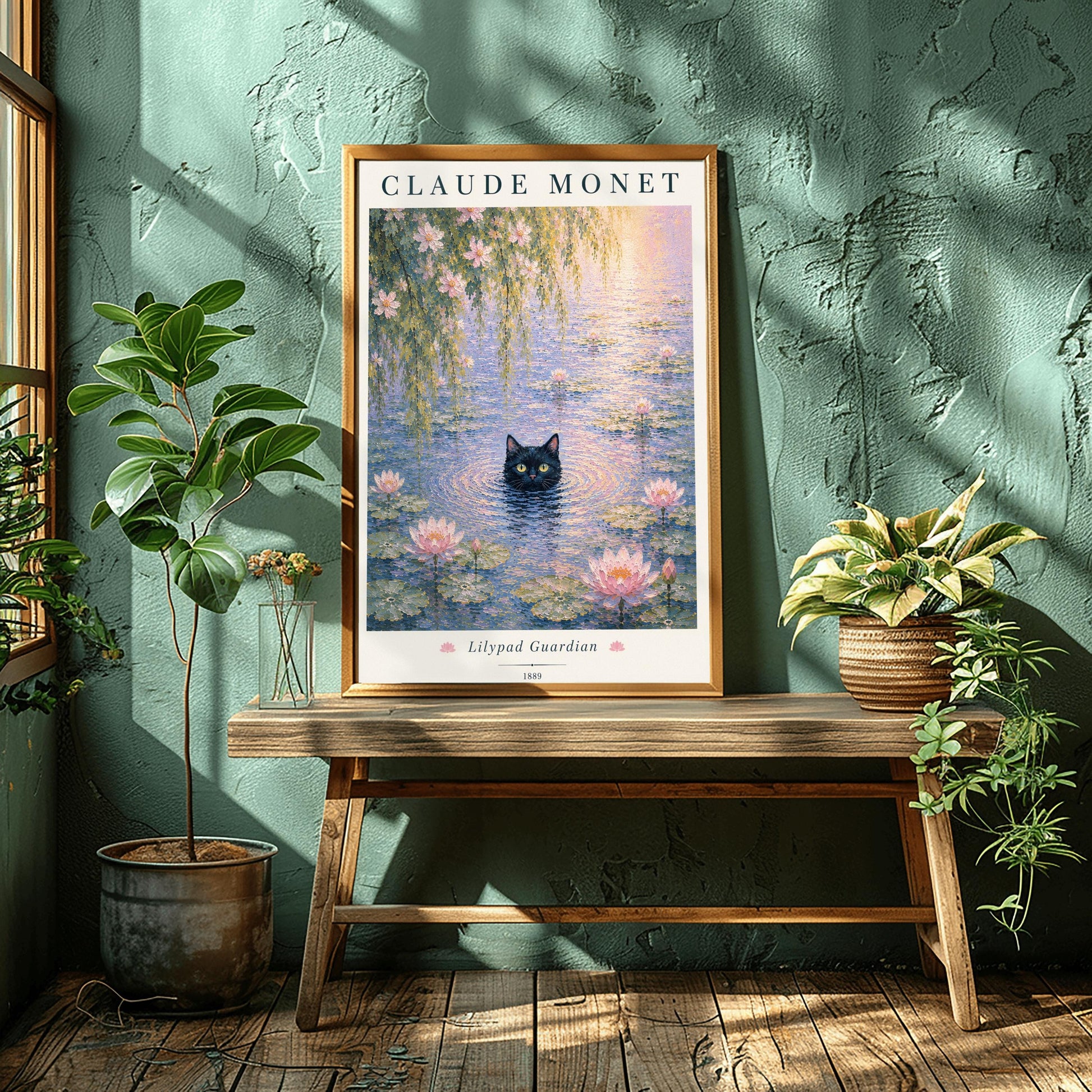 A vertical impressionist-style art print titled "Lilypad Guardian." A black cat with bright yellow eyes is submerged up to its chin in a pond filled with pink water lilies and green lily pads. Weeping willow branches hang from above. The top of the print features "CLAUDE MONET" in a dark serif font, and the bottom includes the title and the year 1889. The colors are soft pastels with a heavy, textured paint effect.