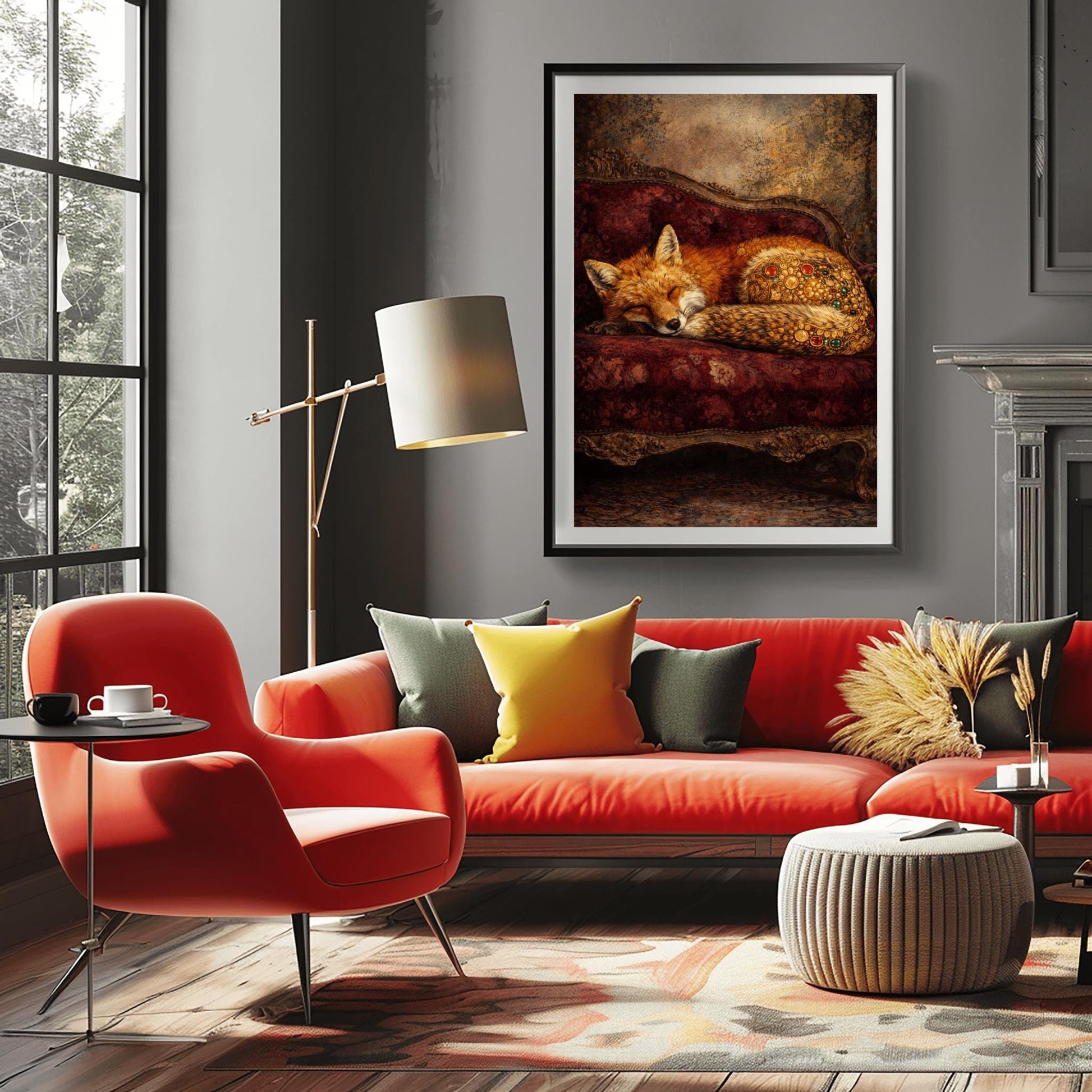 Gustav Klimt Sleeping Fox Art - Ornamental Surrealism Forest Animal Print - Luxury Gold & Crimson Velvet Decor - Gilded Red Fox Fine Art - Moody Maximalist Wall Decor