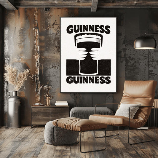 A vertical black and white minimalist graphic. Two white hands hold a central pint of Guinness from both sides. The word "GUINNESS" appears in bold black text both at the top and the bottom of the cream-colored background.
