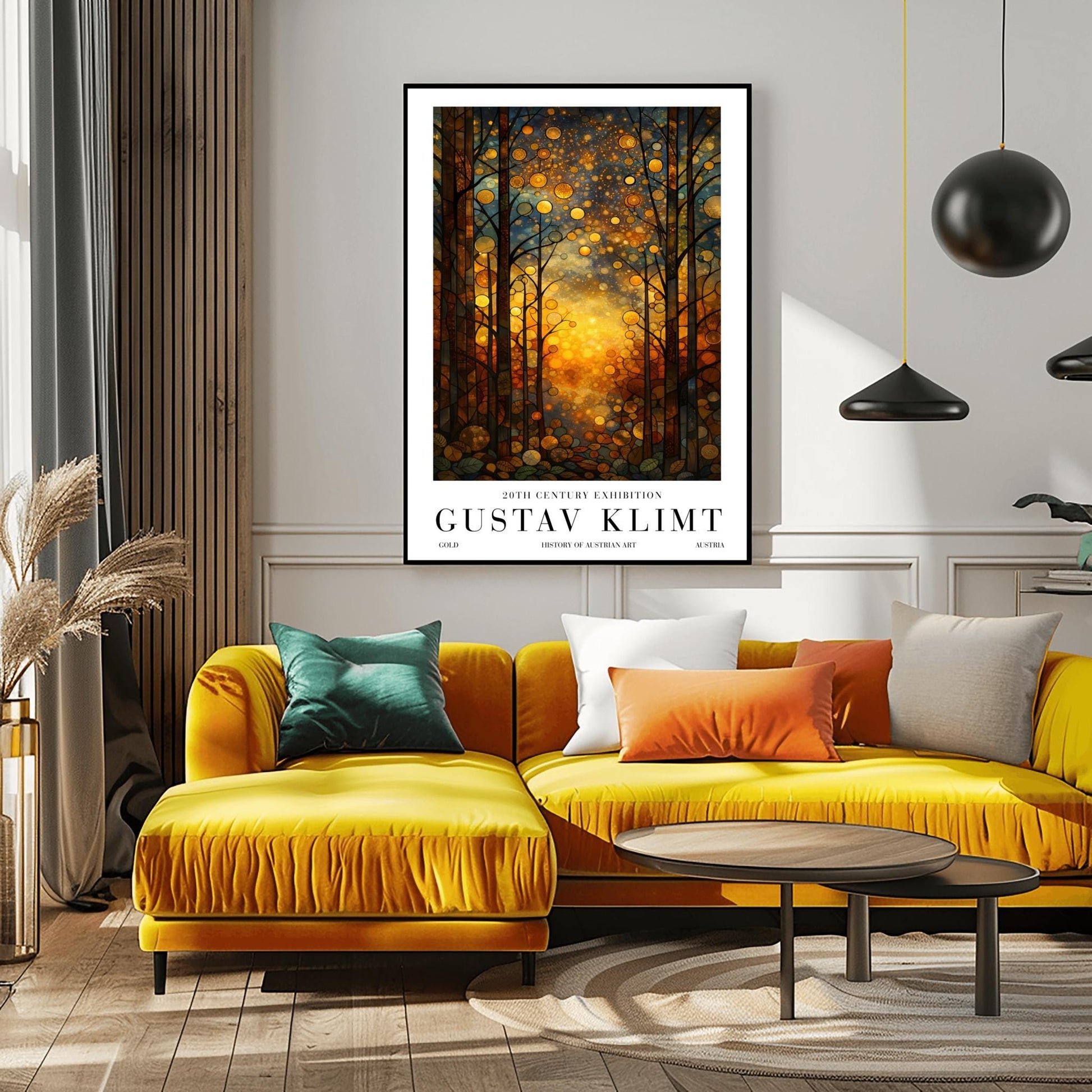 A vertical exhibition-style poster featuring a stylized forest in the style of Gustav Klimt. Slender trees with dark, leaded outlines are filled with golden and amber hues. A brilliant, warm light glows from the center forest floor. The sky is filled with circular mosaic patterns and golden stardust. The bottom features white margins with bold text reading "GUSTAV KLIMT."